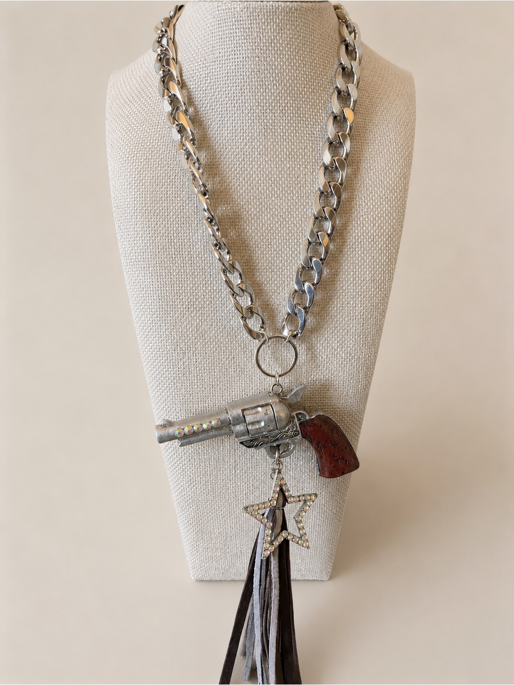 Gypsy South Western GlamSilver Chain Necklace with Rhinestone Novelty Revolver